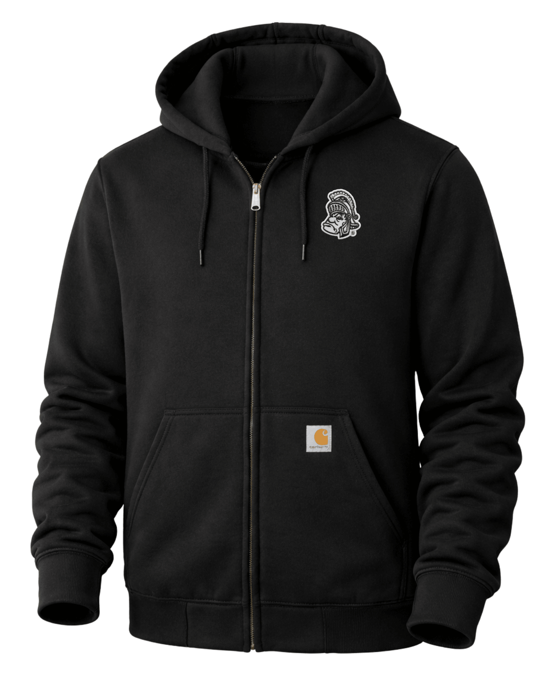 Front view of black Carhartt full-zip hoodie with embroidered Michigan State Gruff Sparty patch on the right chest, attached hood, Carhartt brand label on the front pocket, and full-length zipper.