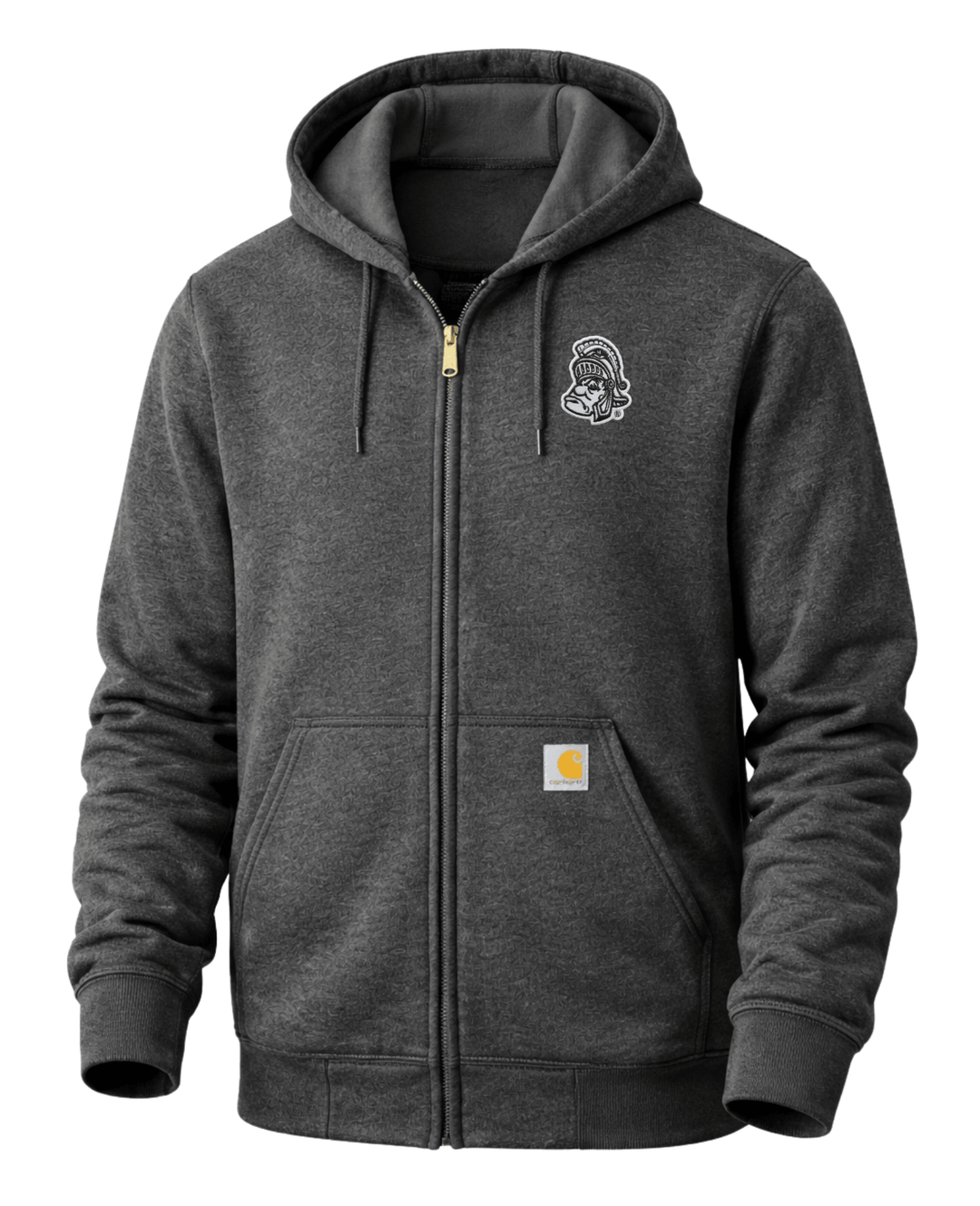 Front view of charcoal Carhartt full-zip hoodie with embroidered Michigan State Gruff Sparty patch on the right chest, attached hood, gold zipper, and Carhartt brand label on the front pocket.
