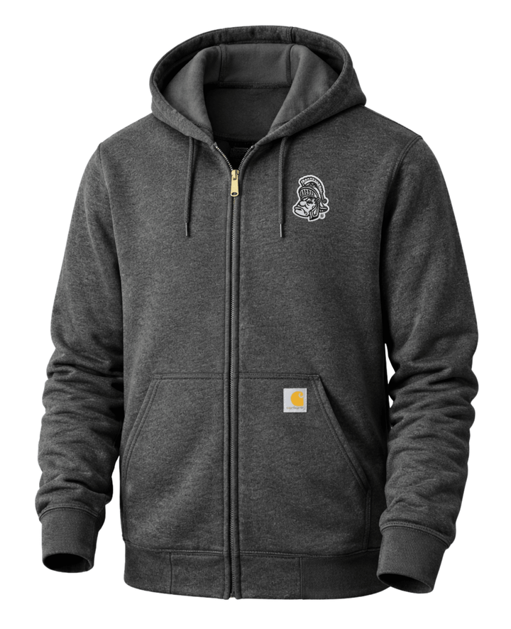Front view of charcoal Carhartt full-zip hoodie with embroidered Michigan State Gruff Sparty patch on the right chest, attached hood, gold zipper, and Carhartt brand label on the front pocket.