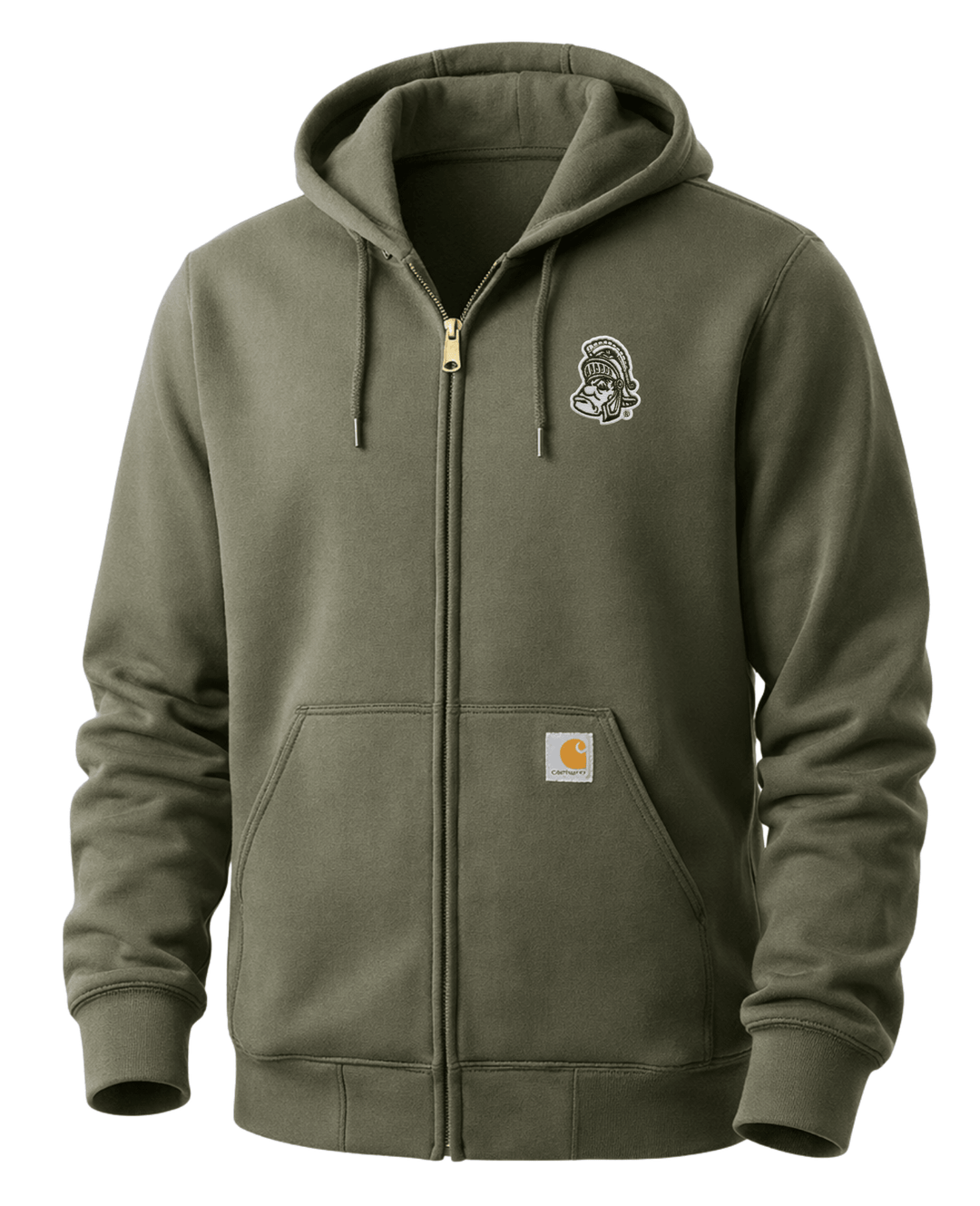 Front view of moss green Carhartt full-zip hoodie with embroidered Michigan State Gruff Sparty patch on the right chest, attached hood, Carhartt brand label on the front pocket, and gold zipper.