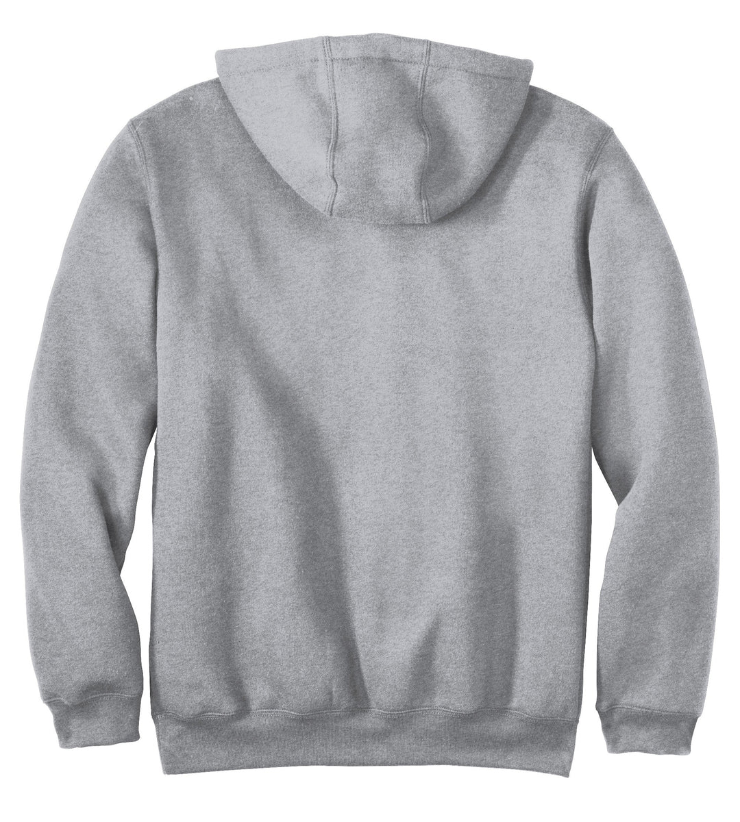 Flat lay back view of heather grey Carhartt pullover hoodie showing the plain back panel and attached hood.