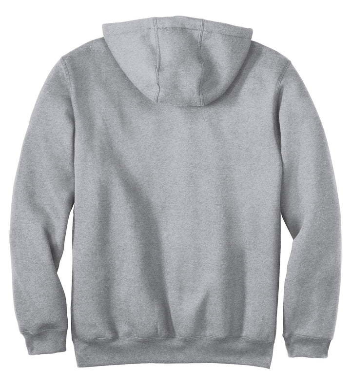 Flat lay back view of heather grey Carhartt pullover hoodie showing the plain back panel and attached hood.
