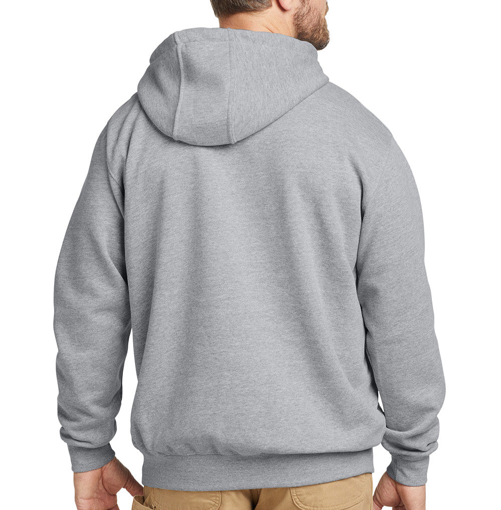 Back view of heather grey Carhartt pullover hoodie on a male model showing the attached hood and plain back panel.
