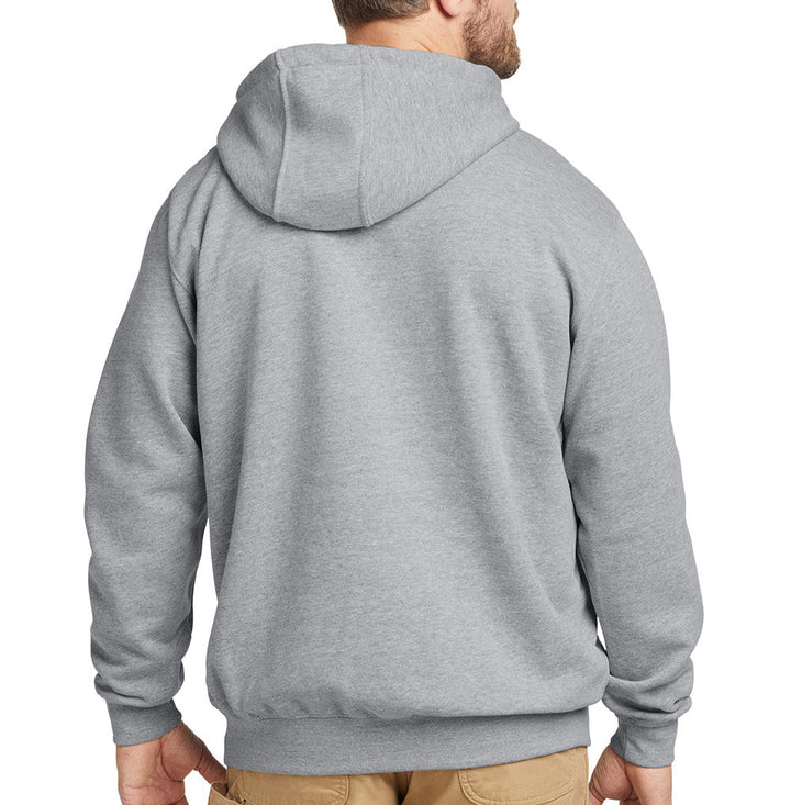 Back view of heather grey Carhartt pullover hoodie on a male model showing the attached hood and plain back panel.