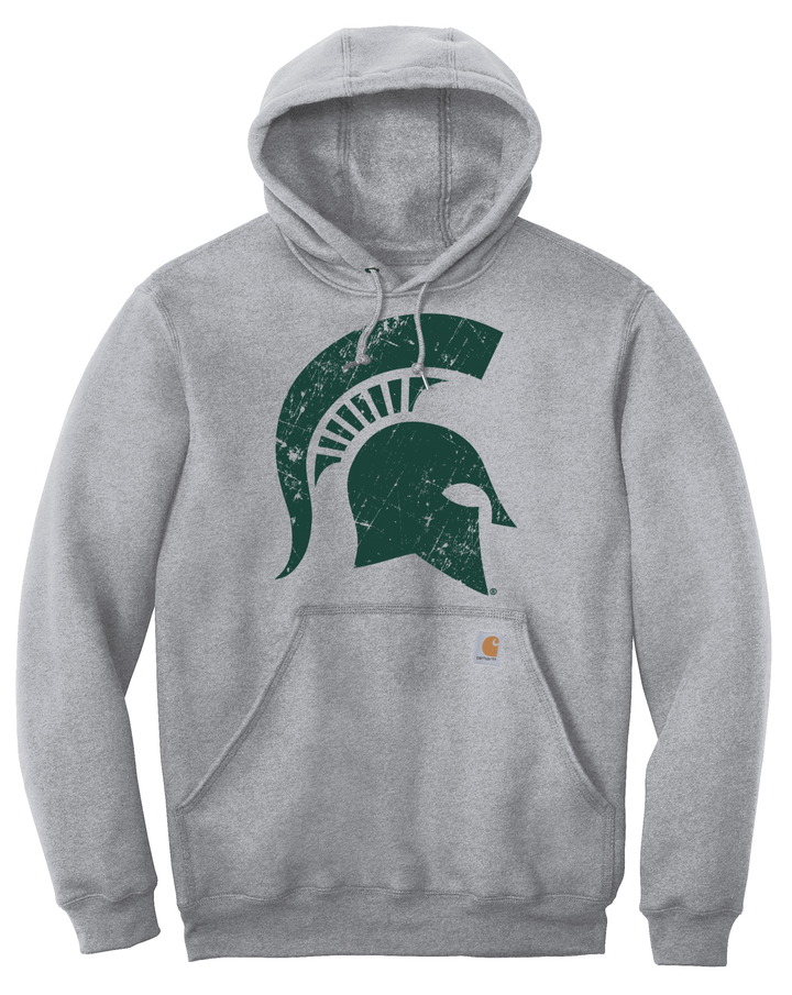 Flat lay of heather grey Carhartt pullover hoodie featuring a large green distressed Spartan helmet print on the chest, attached hood with drawstrings, and Carhartt brand label on the front pocket.
