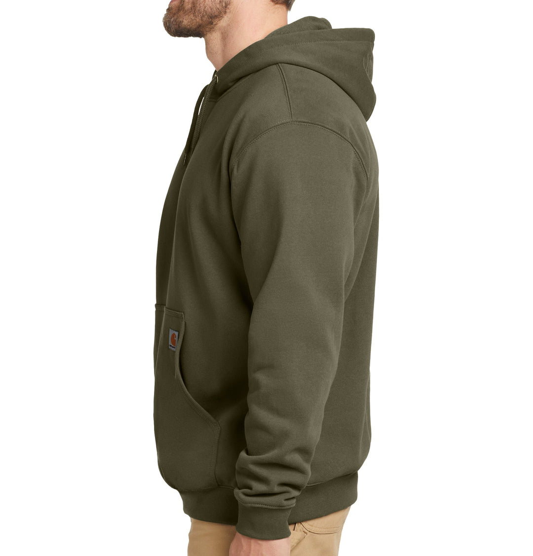 Side view of moss green Carhartt pullover hoodie on a male model showing the attached hood, drawstring, and Carhartt brand label on the front pocket.