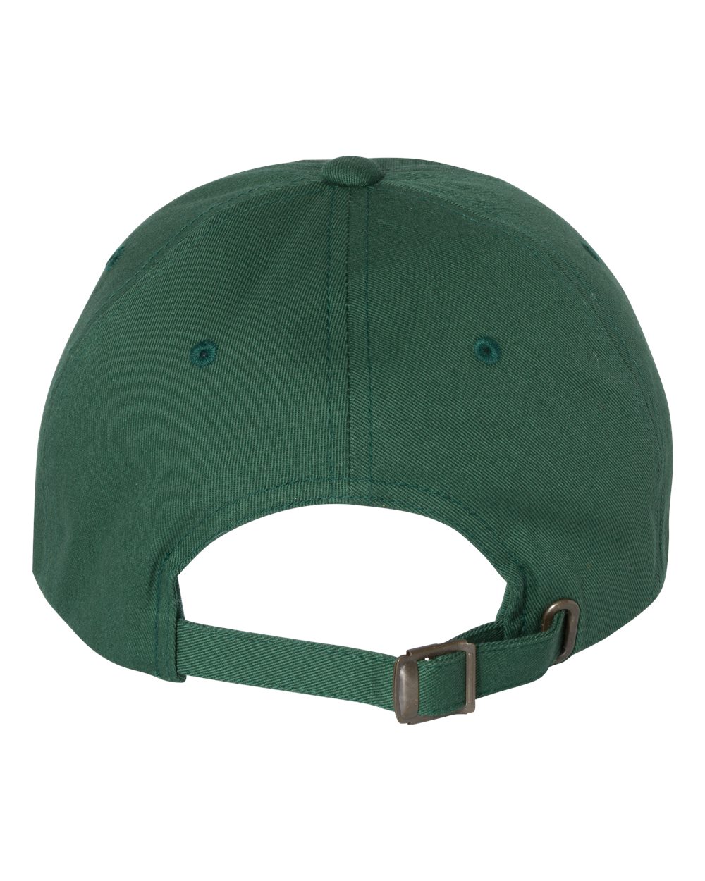 Back view of forest green Michigan State Homecoming dad hat showing the adjustable metal slide buckle closure.