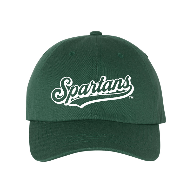 Front view of forest green Michigan State 2025 Homecoming dad hat with white embroidered Spartans script logo and tail underline on the front panel.