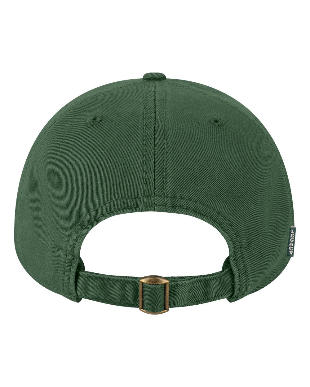 Back view of dark green Michigan State Legacy dad hat with adjustable metal buckle closure and small Legacy brand tab on the side.