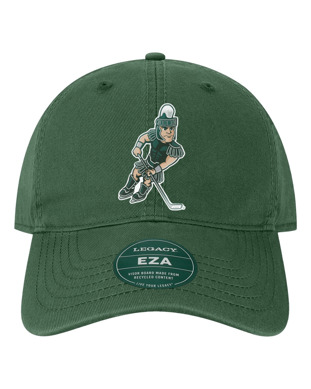 Front view of dark green Michigan State Legacy dad hat featuring an embroidered vintage Hockey Sparty mascot holding a hockey stick on the crown.