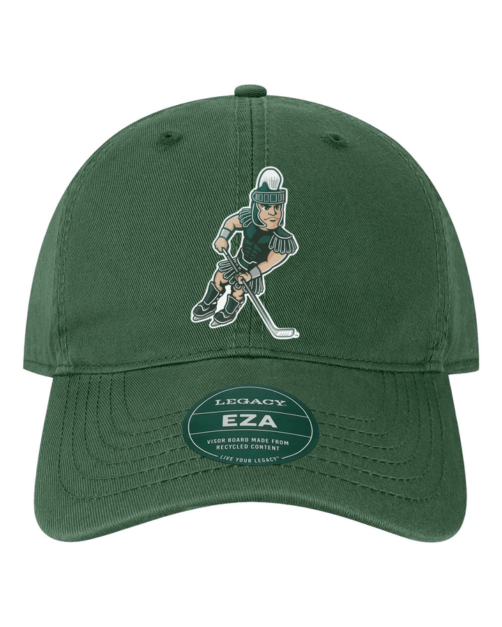 Front view of dark green Michigan State Legacy dad hat featuring an embroidered vintage Hockey Sparty mascot holding a hockey stick on the crown.