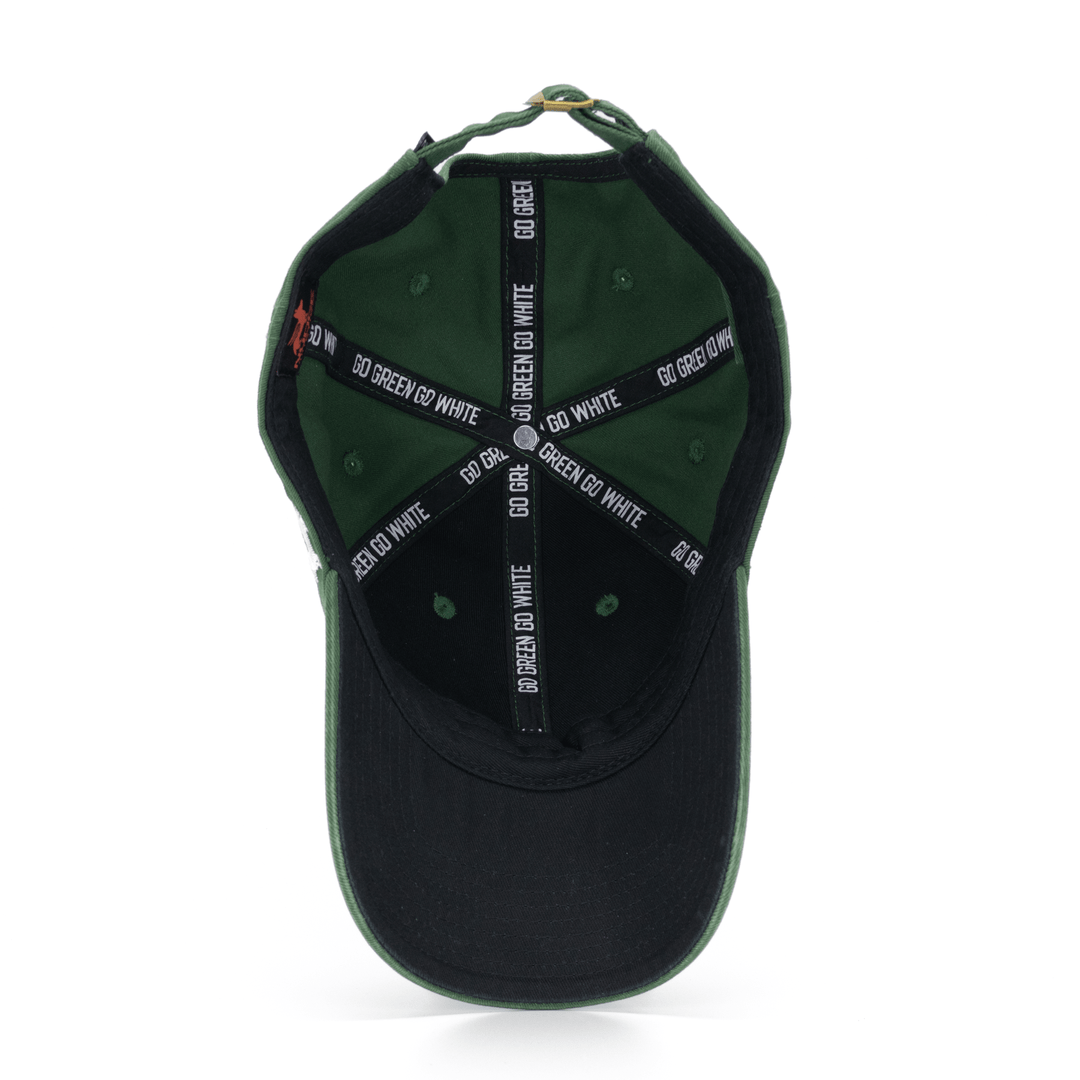 Custom branded MSU dad hat with "Go Green Go White" printed seam tape and black lining and underbill. 