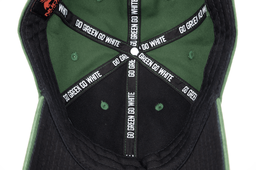 Fully custom Michigan State interior featuring "Go Green Go White" printed seam tape and black lining and underbill. 