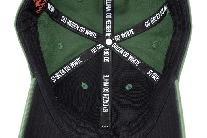 Fully custom Michigan State interior featuring "Go Green Go White" printed seam tape and black lining and underbill. 