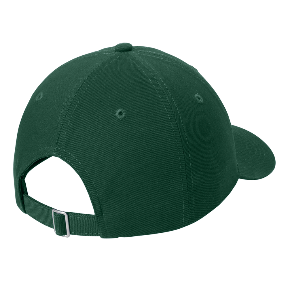 Back view of forest green Michigan State Village Spartans dad hat showing the adjustable metal slide buckle closure.