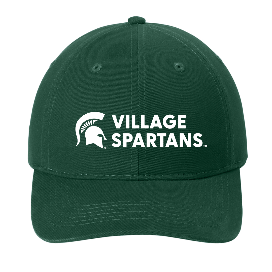 Front view of forest green Michigan State dad hat with white embroidered Spartan helmet logo and Village Spartans wordmark on the crown.