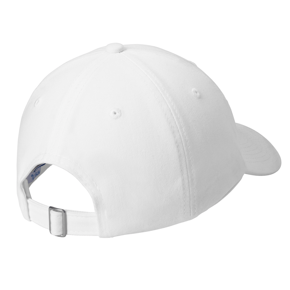 Back view of white Michigan State Village Spartans dad hat showing the adjustable fabric strap closure.