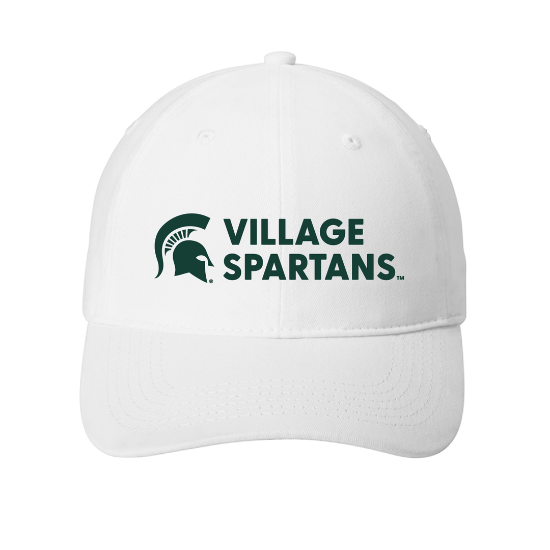 Front view of white Michigan State dad hat with green embroidered Spartan helmet logo and Village Spartans wordmark on the crown.