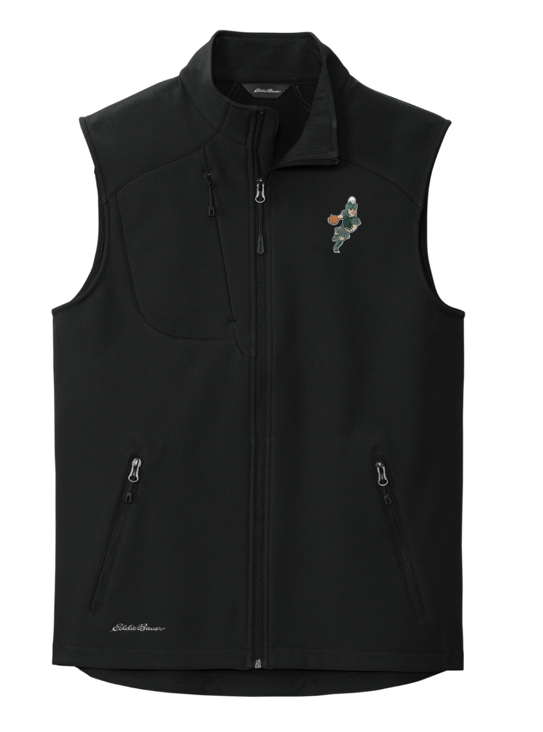 Front view of black Eddie Bauer MSU vest