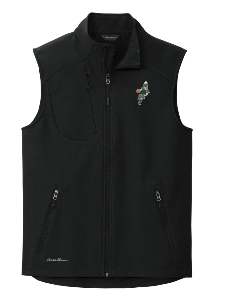 Front view of black Eddie Bauer MSU vest