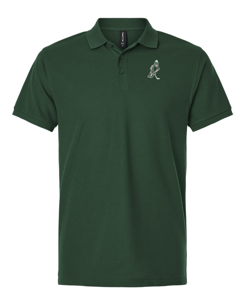 Michigan State University Green Polo with Hockey Sparty Embroidered logo on left chest Mock up on white background