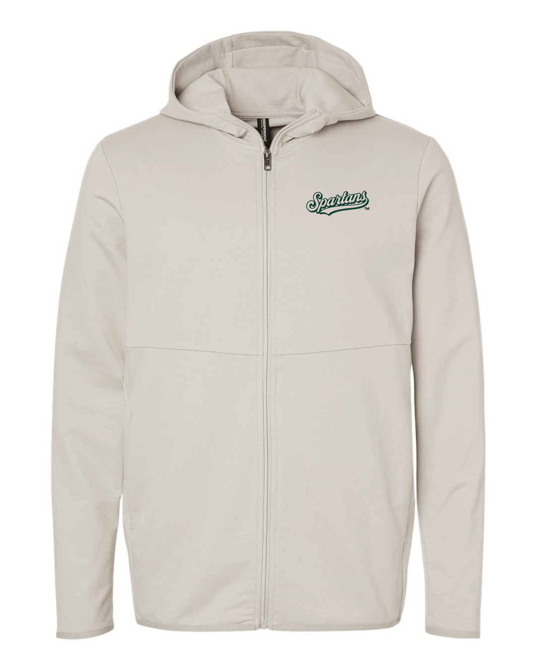 Front view of cream Michigan State Spartans full-zip hoodie with green and white embroidered Spartans script logo on the left chest, attached hood, and full-length zipper.