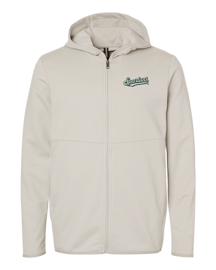 Front view of cream Michigan State Spartans full-zip hoodie with green and white embroidered Spartans script logo on the left chest, attached hood, and full-length zipper.