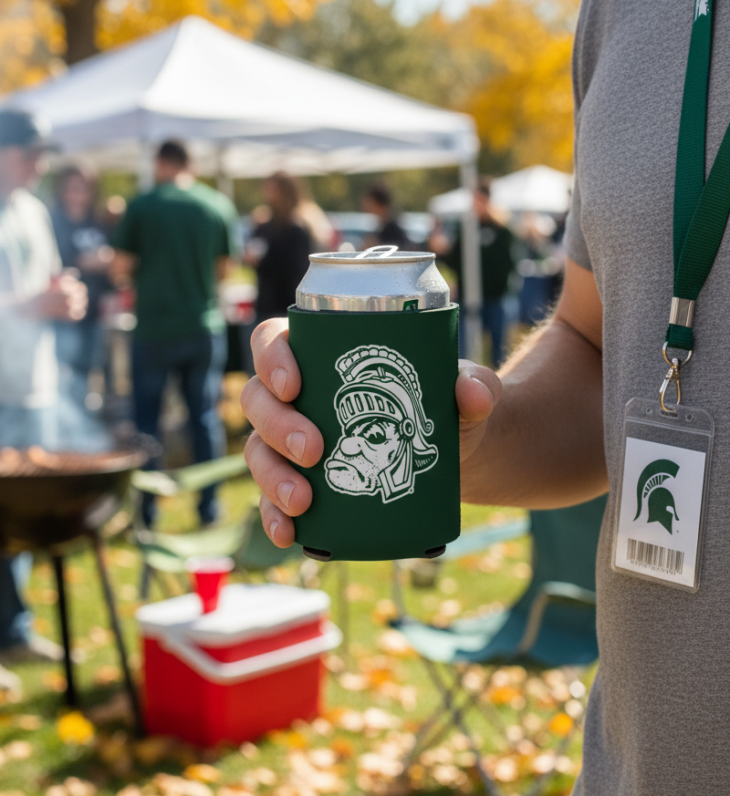 Person holding a Michigan State can koozie with a white Gruff Sparty logo during a tailgate. 
