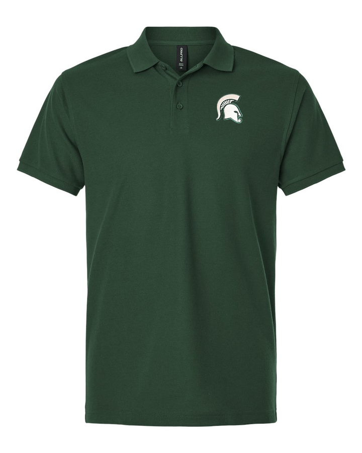 Forest green Michigan State polo with Spartan Helmet logo on the left chest. 