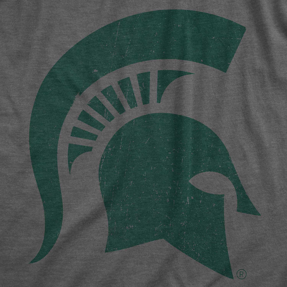 Close up of Michigan State Grey T-Shirt with Green Spartan Helmet Print