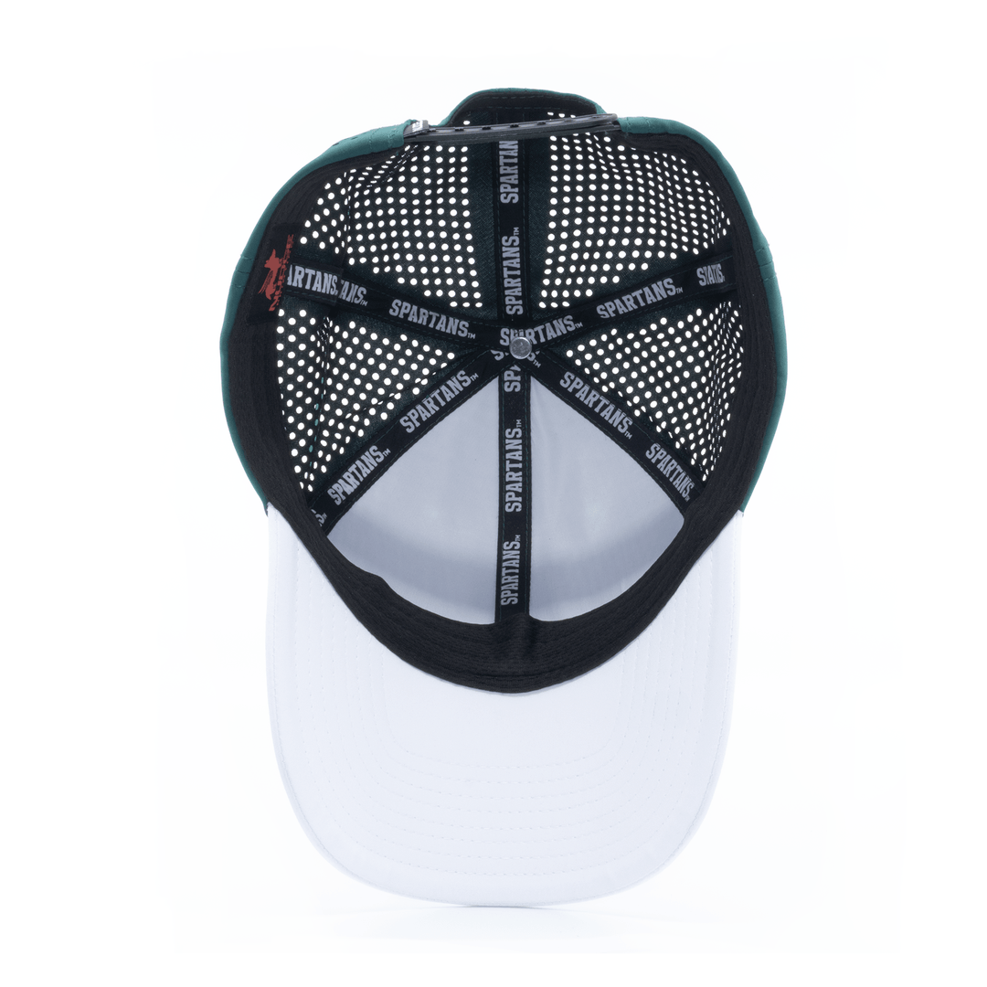 Inside view of a white and green Michigan State Hat from Nudge Printing