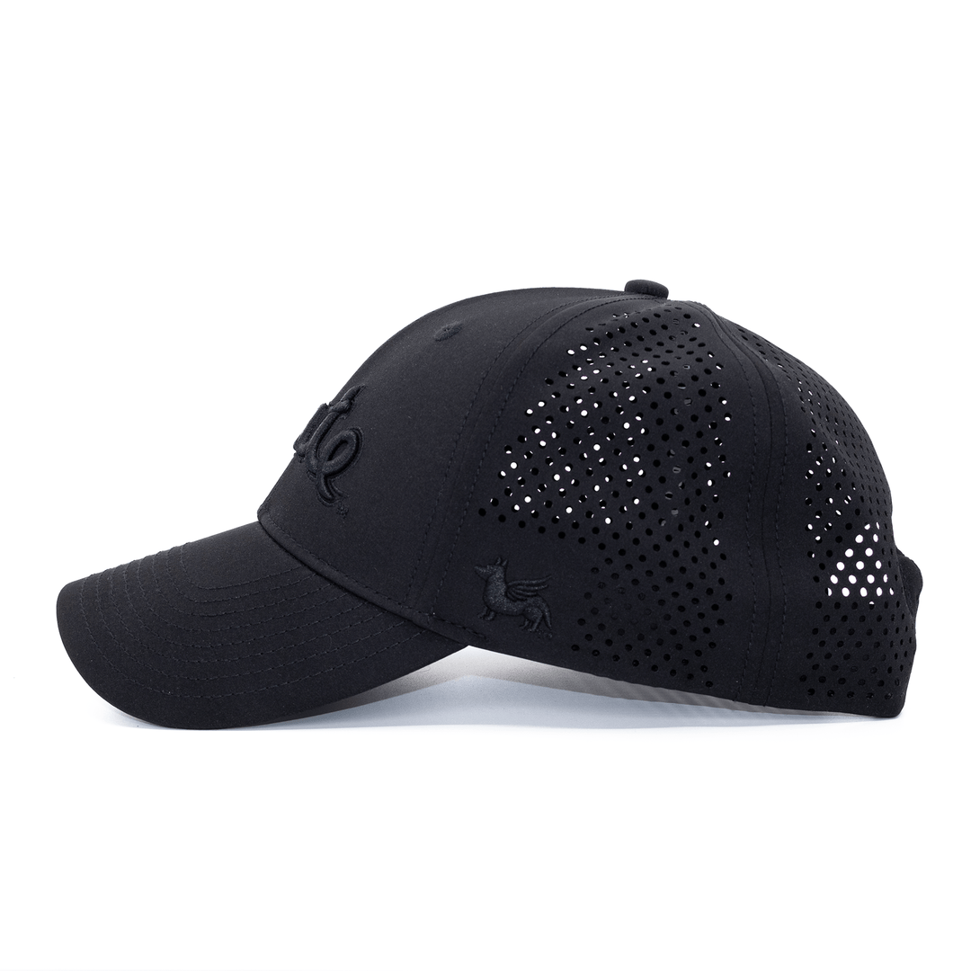 Left side view of the Michigan State all black State Script hat from Nudge Printing