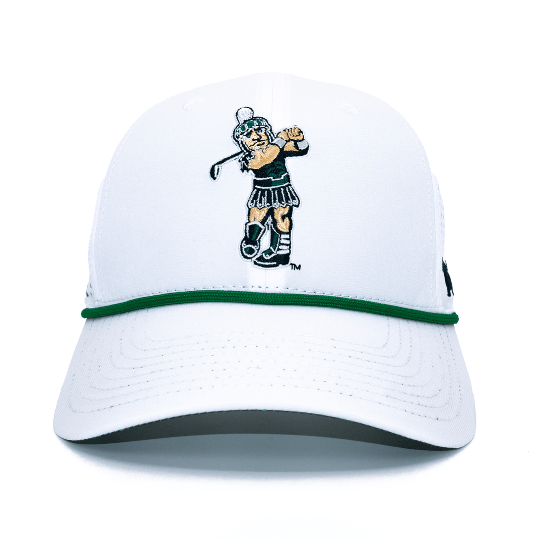 Front view of white Michigan State hat with golfing Sparty embroidered on the front as well as a green rope. 