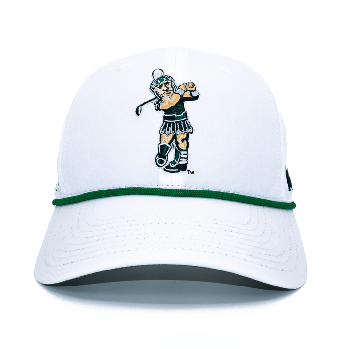 Front view of white Michigan State hat with golfing Sparty embroidered on the front as well as a green rope. 