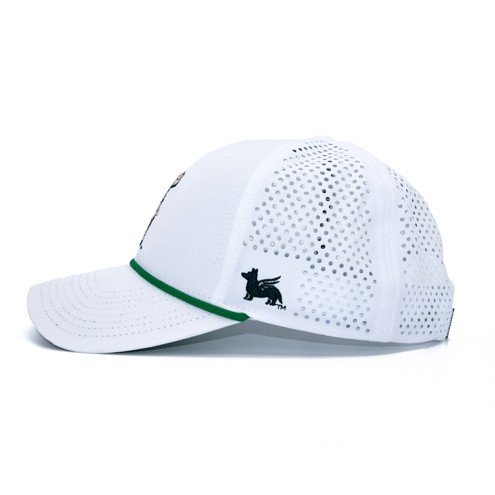 Left side view of a white Michigan State hat with golfing sparty embroidered on the front, green rope, and Nudge Printing logo. 