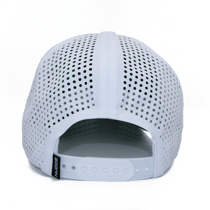 Back view of a white Michigan State hat with a white snapback adjustable closure.