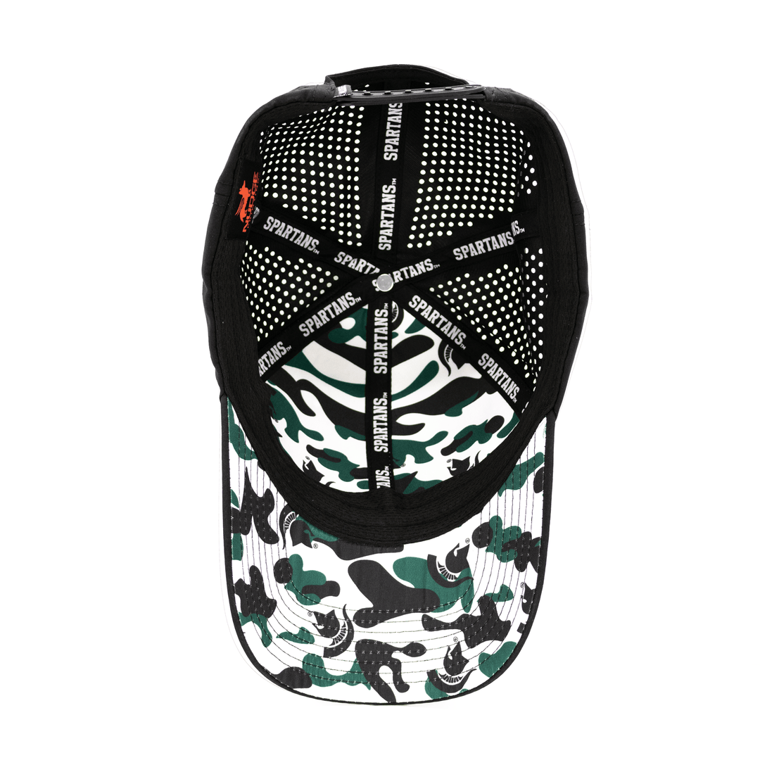 Inside view of a black Michigan State hat with green, black, and white camo pattern from Nudge Printing