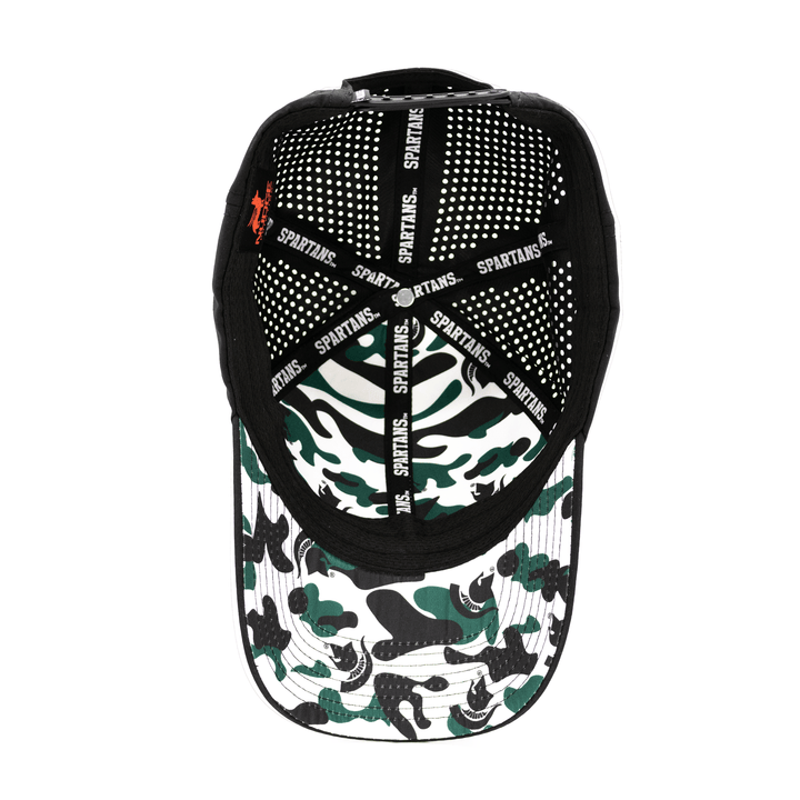 Inside view of a black Michigan State hat with green, black, and white camo pattern from Nudge Printing