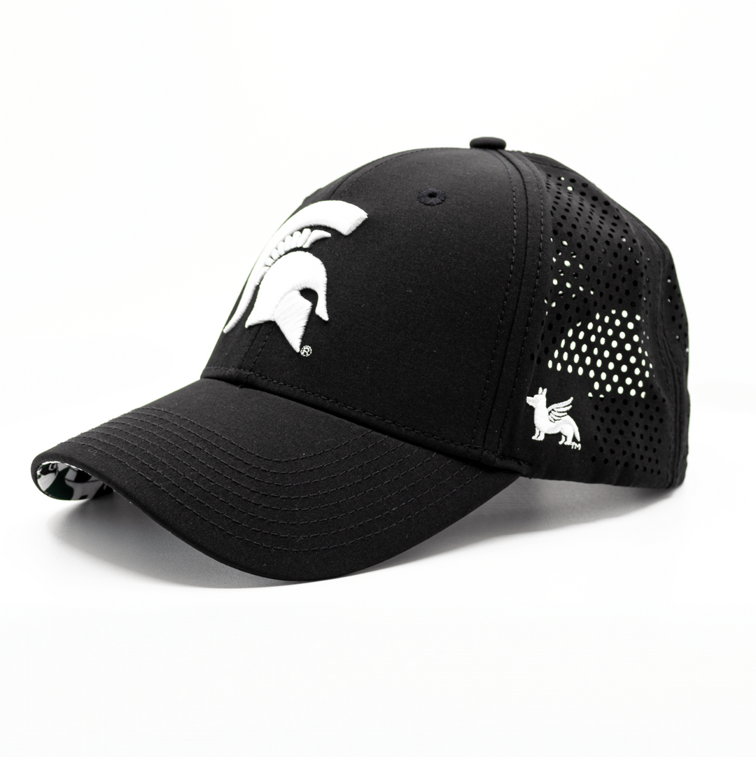 Black Michigan State hat with raised Spartan Helmet embroidery on the front.