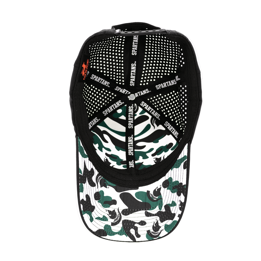 Inside view of a black Michigan State hat with green, black, and white camo pattern from Nudge Printing