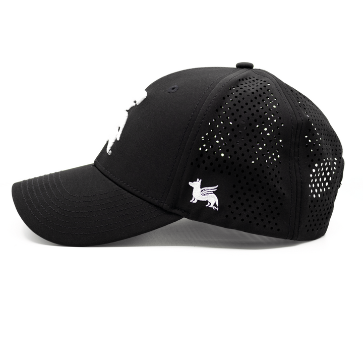 Left side view of a black Michigan State hat with Spartan Helmet logo on the front and Nudge Printing logo on the side.