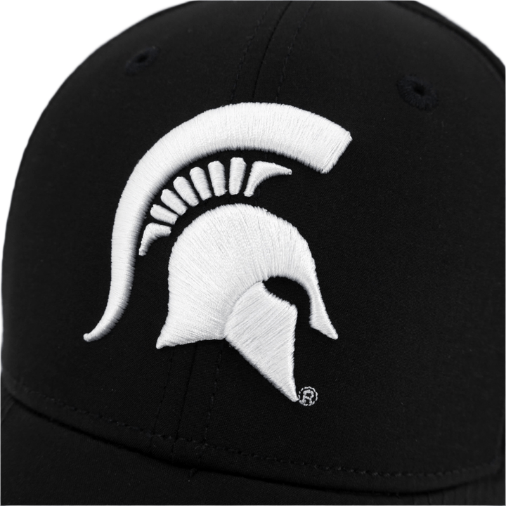 Close up view of a black Michigan State hat with a white raised Spartan Helmet embroidered on the front.