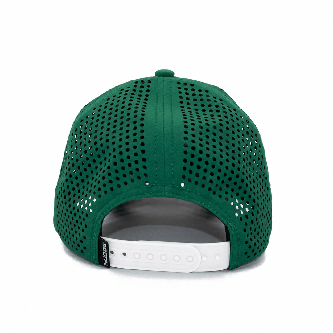 Back view of green Michigan State hat with white snapback from Nudge Printing