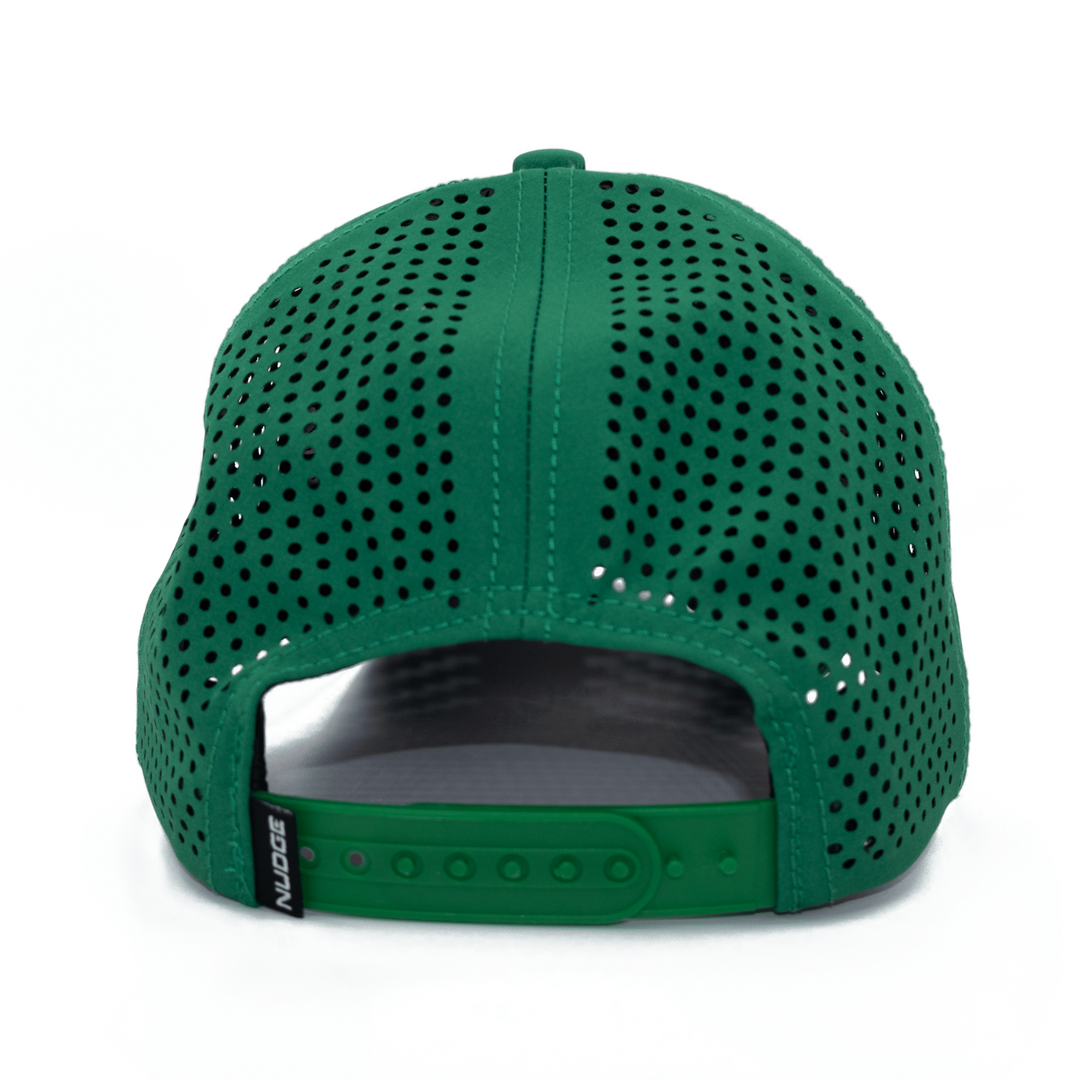 Back view of green Michigan State hat showing adjustable snapback closure and laser cut ventilation holes. 