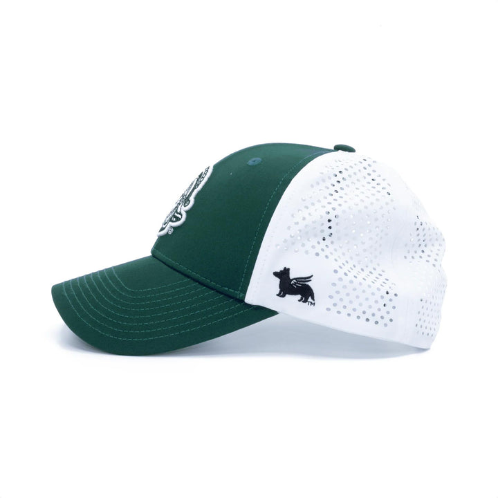 Side profile Shot of white and green Michigan State hat turned to the right completely with white Gruff Sparty logo on front.