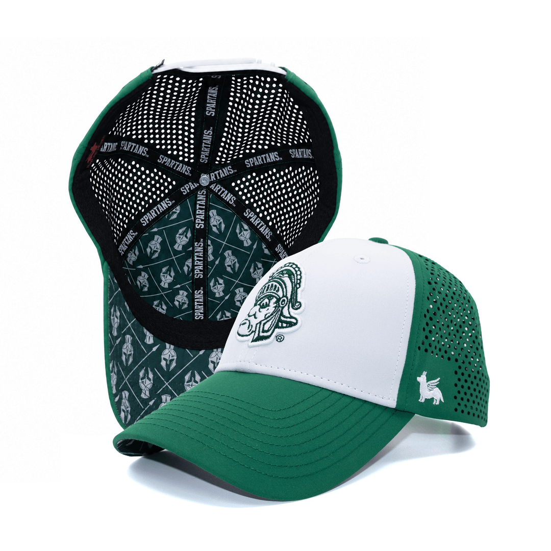 Product photo for green and white Michigan State hat featuring Gruff Sparty logo embroidered on the front and custom interior. 