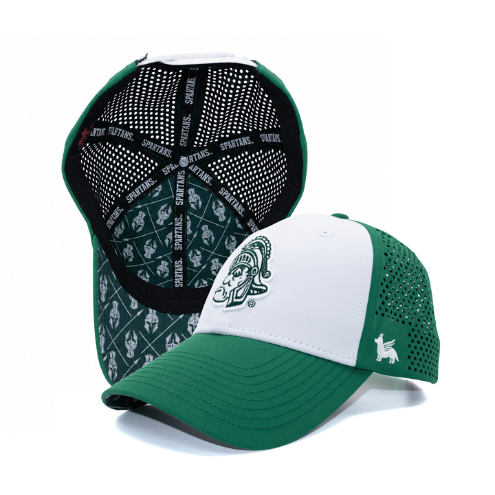 Product photo for green and white Michigan State hat featuring Gruff Sparty logo embroidered on the front and custom interior. 