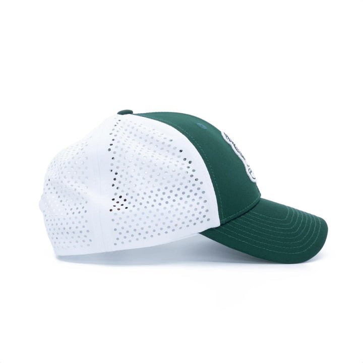 Side profile Shot of white and green Michigan State hat turned to the right completely with white Gruff Sparty logo on front.