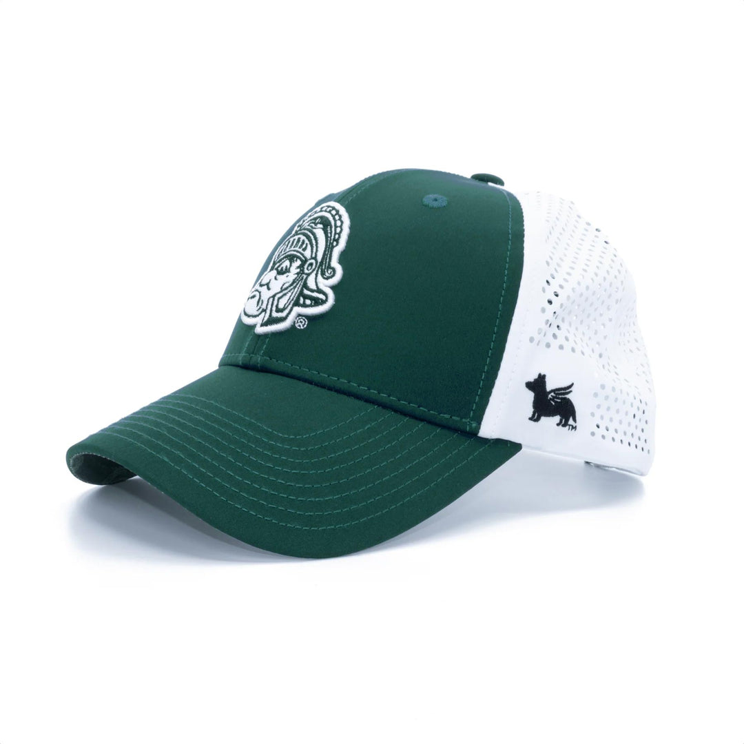 Side shot of green and white Michigan State hat with Gruff Sparty logo in white on front. 