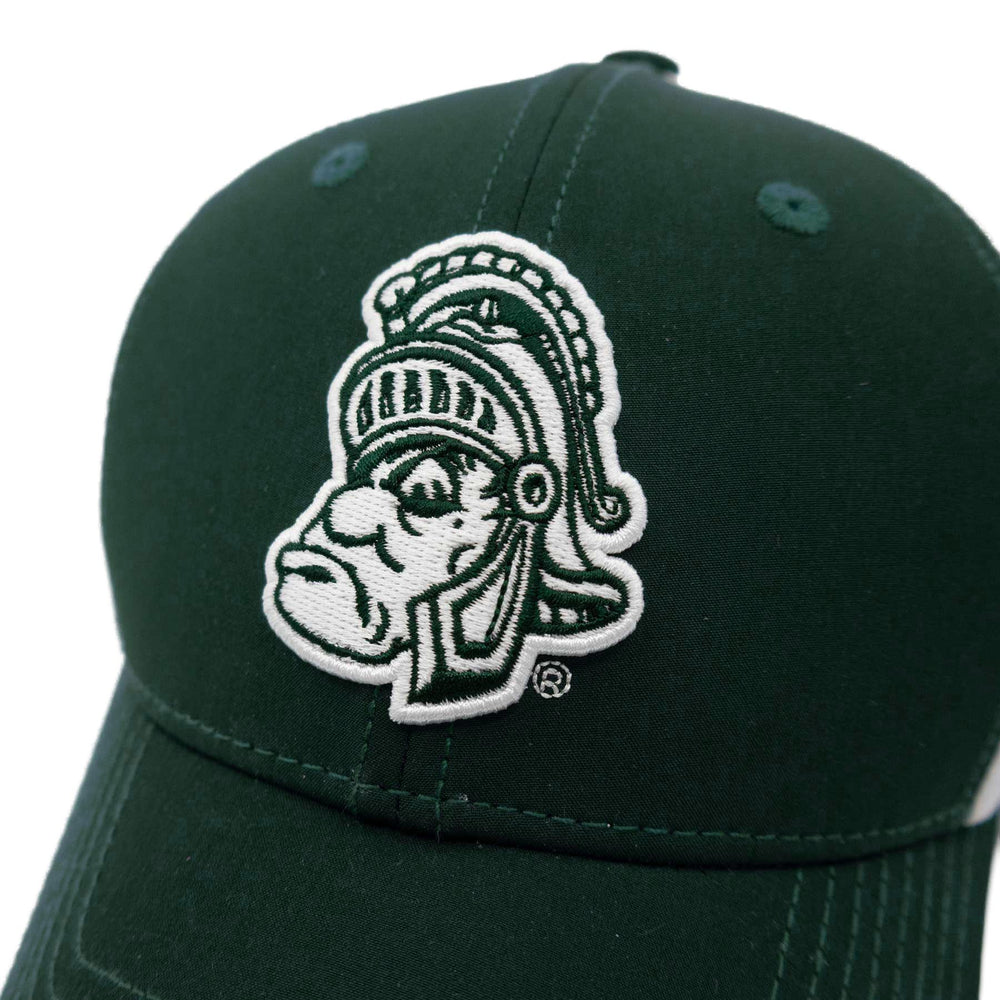 Close up shot of green Michigan State Gruff Sparty hat with white Gruff Sparty logo central.